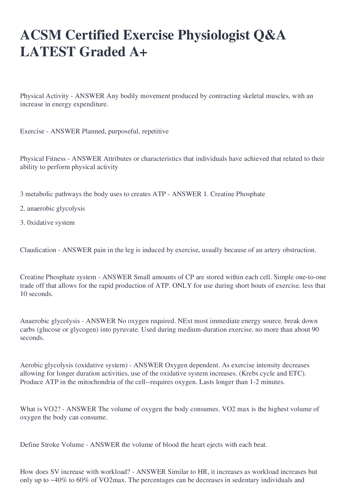 Preview image for ACSM Certified Exercise Physiologist Q&A LATEST Graded A+